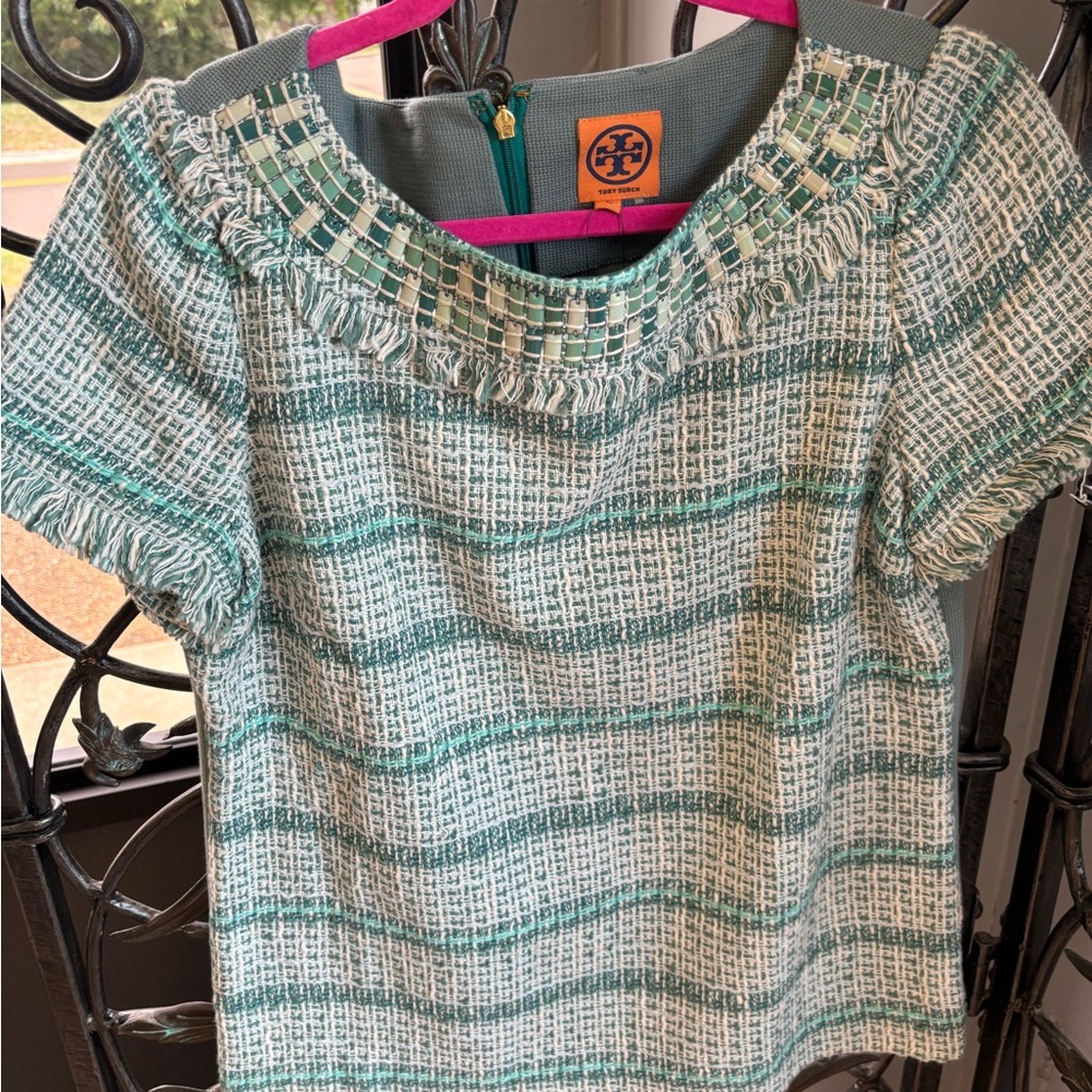 TORY BURCH GRAY COLORED BEADED NECK LINE ZIP  TOP ~ SIZE:10